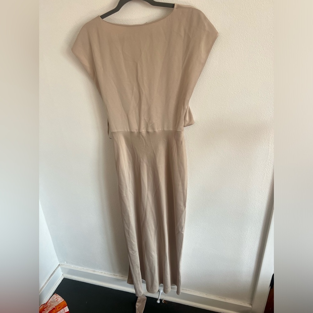 BHLDN Louisa Satin Charmeuse Champagne Wrap Front Surplice Midi Dress 10 - Picture 3 of 6